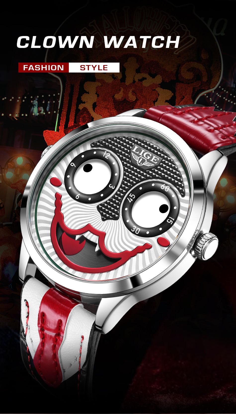 LIGE 2025 Creative Watches For Men Clown Fashion Quartz Wristwatches Waterproof Leather Strap Mens Watch Cool Joker Reloj Hombre