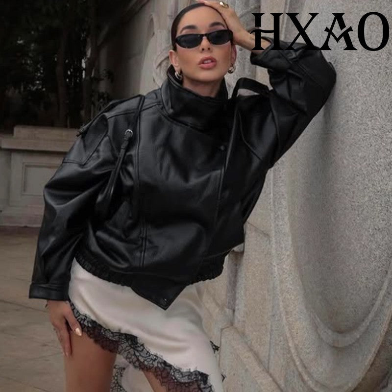 HXAO Faux Leather Jacket Coat Demi-Season Black Bomber Jacket Outerwears Long Sleeve Snap Button Cropped Motorcycle Jacket