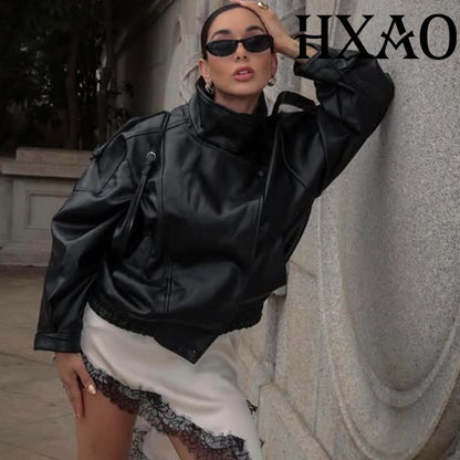 HXAO Faux Leather Jacket Coat Demi-Season Black Bomber Jacket Outerwears Long Sleeve Snap Button Cropped Motorcycle Jacket
