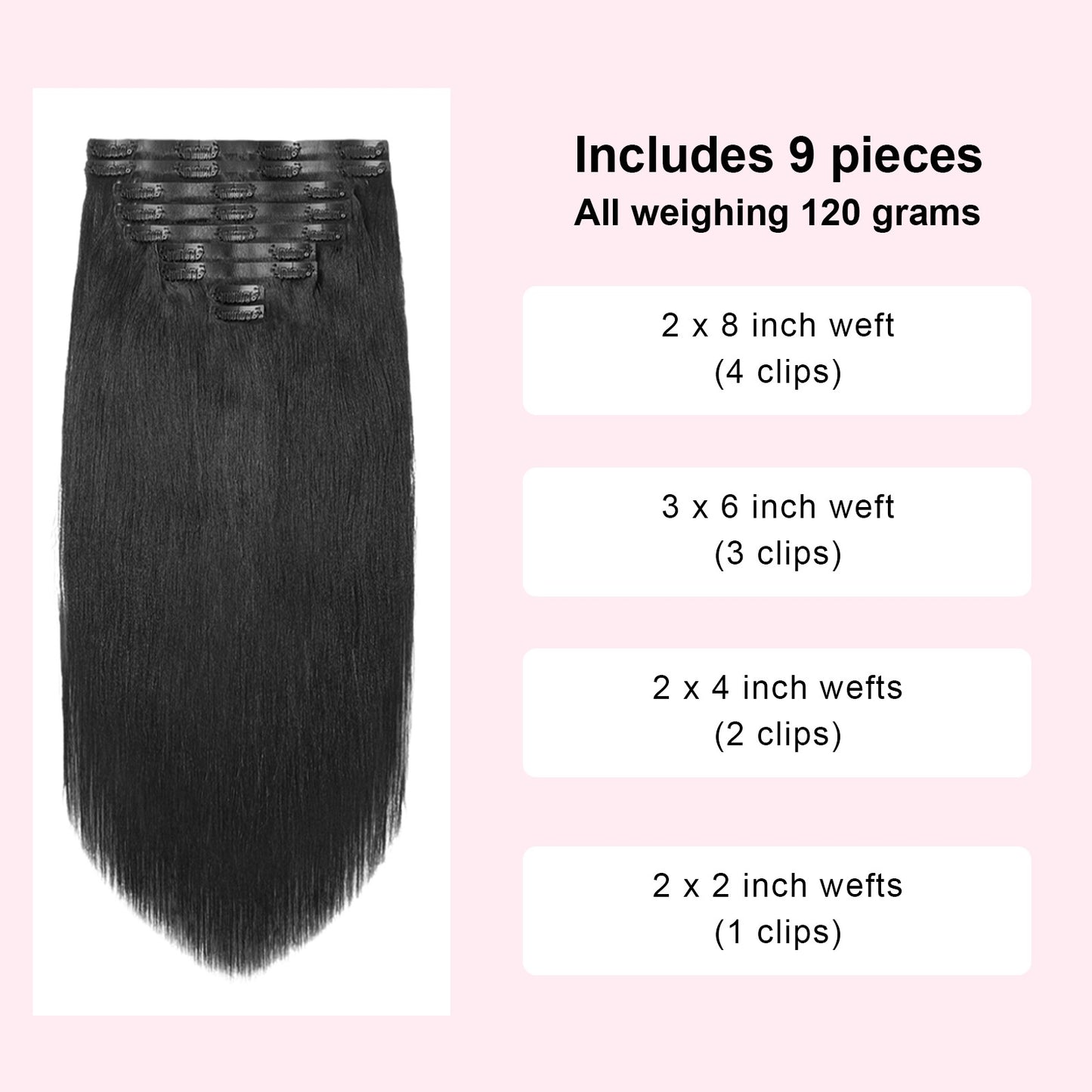 Extensão de cabelo PU reta de clipe, cor preta natural, clipe brasileiro Remy de 100% cabelo humano, extensões de cabelo 120G 9 peças de cabelo real