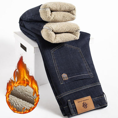 Calça Jeans Masculina de Inverno Forrada com Lã Grossa Calça Jeans Masculina de Cintura Solta Reta Slim Fit Calça Social Casual Confortável