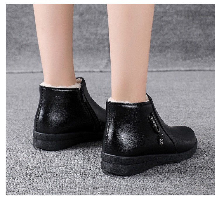 Leather Boots 2024 New Winter Middle-aged Flat Bottom Shoes for Women Soft Bottom Non-slip Wool Warm Cotton Shoes Women Boots