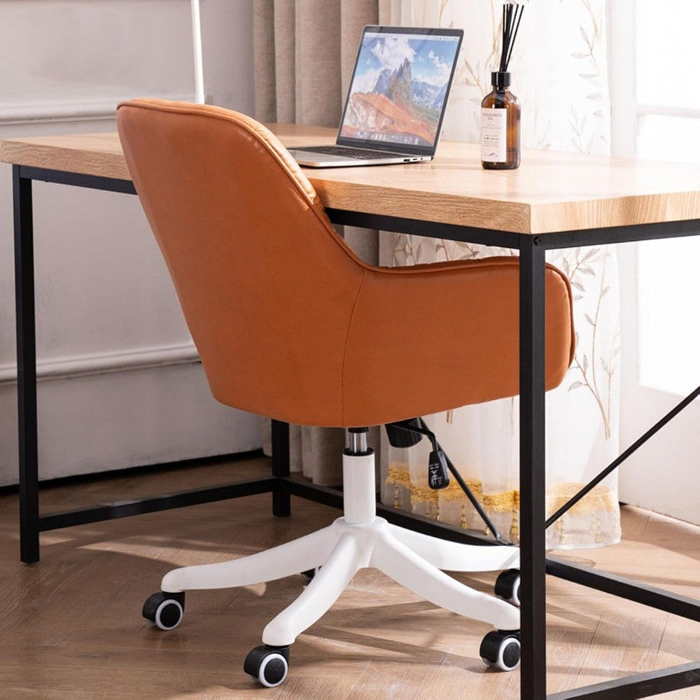 Leather Office Chair, Mid Century Desk Chair with Wheels and Ergonomic Armrests, Adjustable Height Swivel Rolling Task Chair,