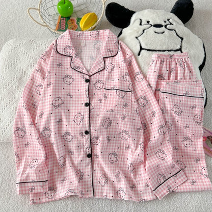 Hello Kitty Cute Kawaii Pajama Set for Women Autumn Soft Fabric Comfort Plaid Loungewear 2 Piece Long Sleeve Top Pants Sleepwear