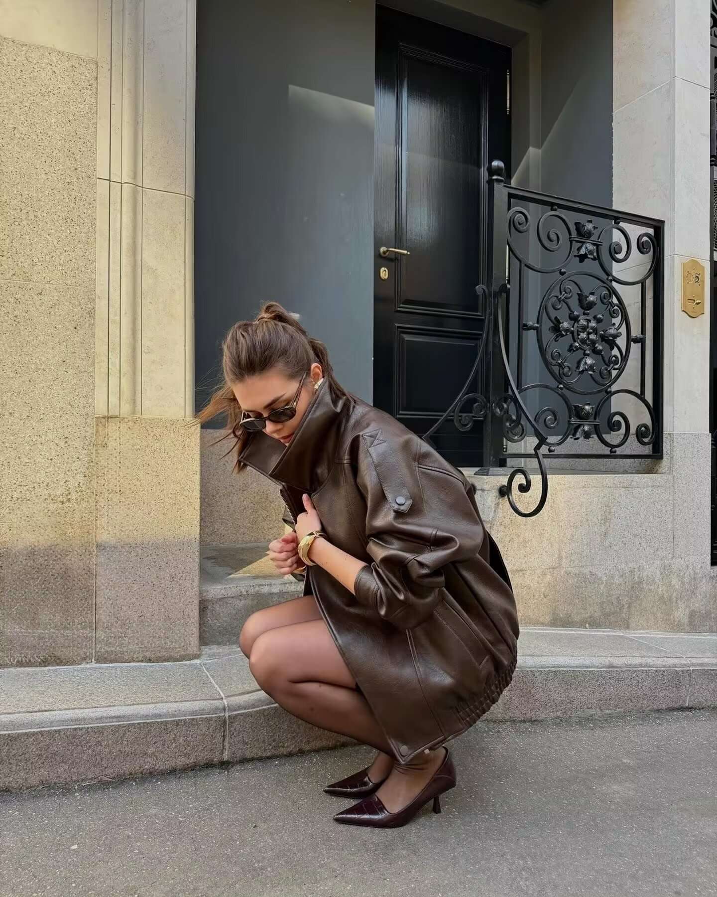 NERHEFZ Women Leather Jacket with Zipper Autumn Asymmetry Turn Down Collar Long Sleeve Button Lady Coats Causal Female Chic Tops