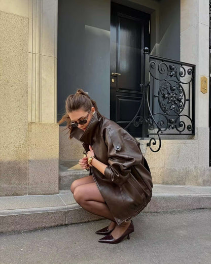 NERHEFZ Women Leather Jacket with Zipper Autumn Asymmetry Turn Down Collar Long Sleeve Button Lady Coats Causal Female Chic Tops