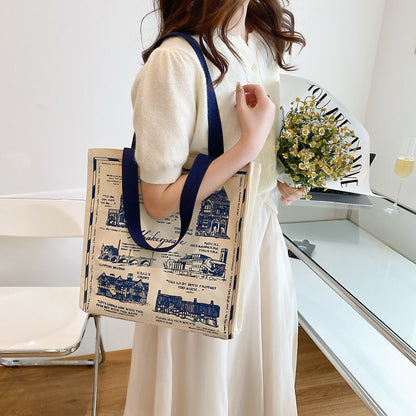 Canvas Women Handbags Shoulder Underarm Bag London Books Print Handbag Large Capacity Ladies Shopping Tote Bag Student Book Bags