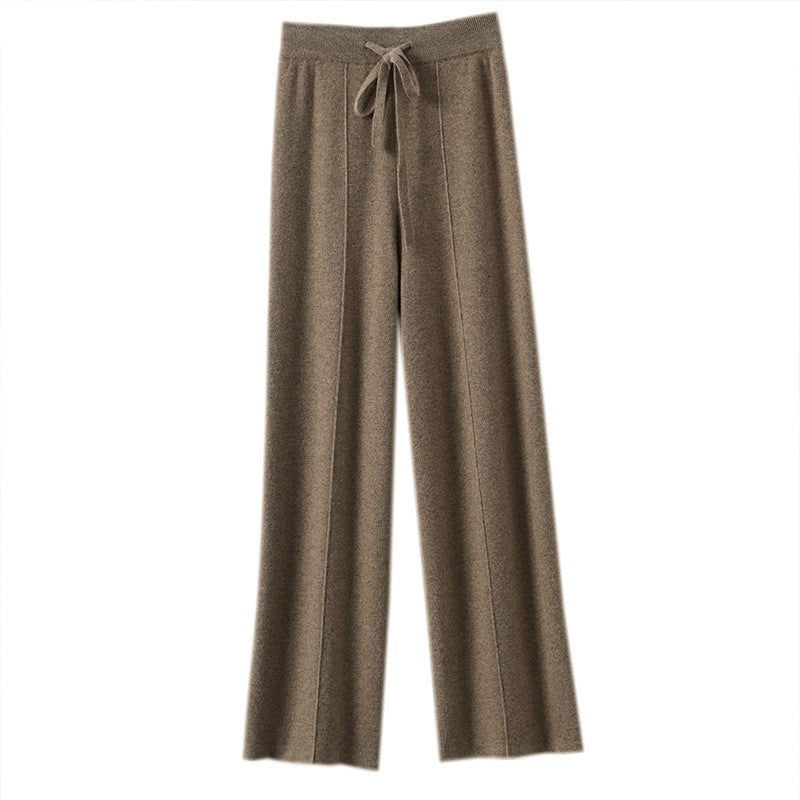 Women's High Waist Knit Wide Leg Pants Thermal Fleece Lined Drawstring Trousers in Earth Tones, Fall Winter Comfort Lounge Wear?