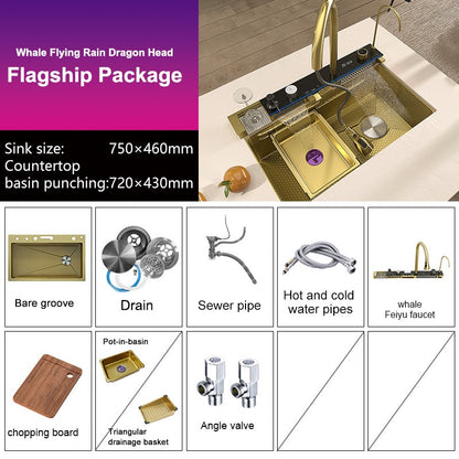 Stainless Steel Golden Kitchen Sink Multifunctional Waterfall Outlet Single Slot Piano Button Digital Display