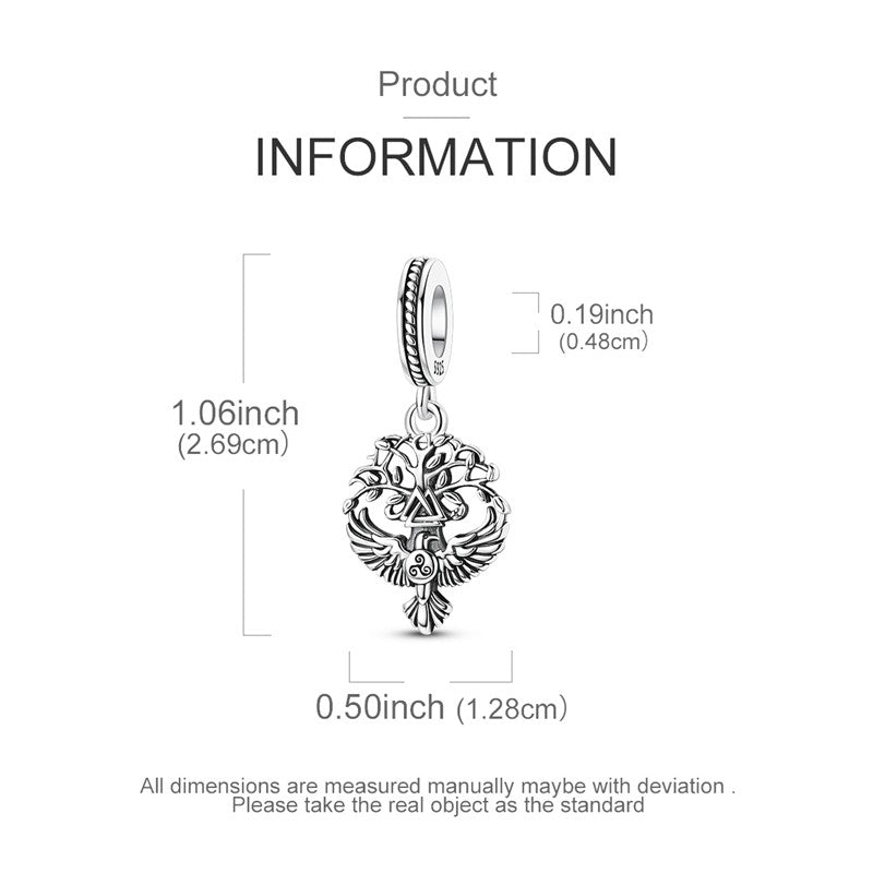 Pingente Prata Esterlina 925 Corvo de Odin na Árvore da Vida Yggdrasil Berloque Original para Pulseiras Joias DIY Presente Feminino