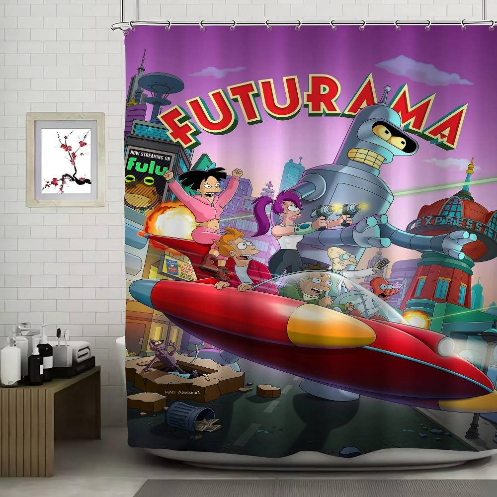F-Futurama Anime White Shower Curtain, Bathroom Decorative Shower Curtain, Waterproof Shower Curtain With Hooks