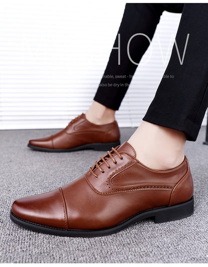 European Style Brown Leather Shoes Man Platform Pointed Toe Men's Dress Shoes Large Size 38-48 Quality Elegant Shoes For Men