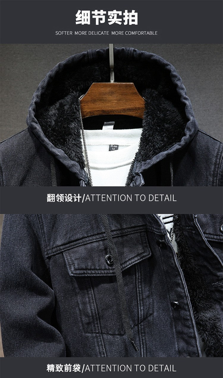 Thicker Winter Jacket Men Warmer Hooded Denim Lambswool Hooded and Padded Denim Jacket Imitation Lamb Wool Fleece Mens Clothes