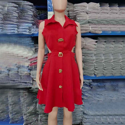 Sexy Hollow Out Sleeveless Dresses For Women Fashion Elegant Solid Lapel French Dress Summer Office A-line Robe Femme Black