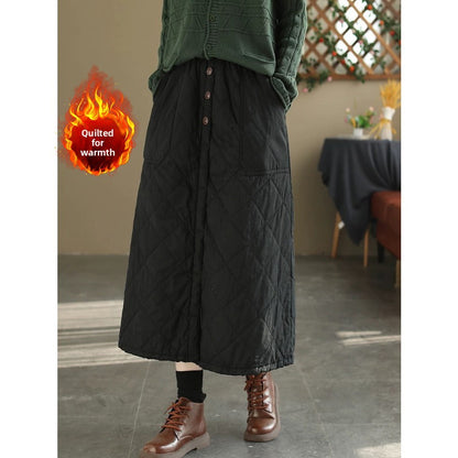 Retro Warm Cotton Quilted Long Midi Skirt High Waist A-Line Skirt for Middle-Aged And ly Women Diamond Patterned f Skirt