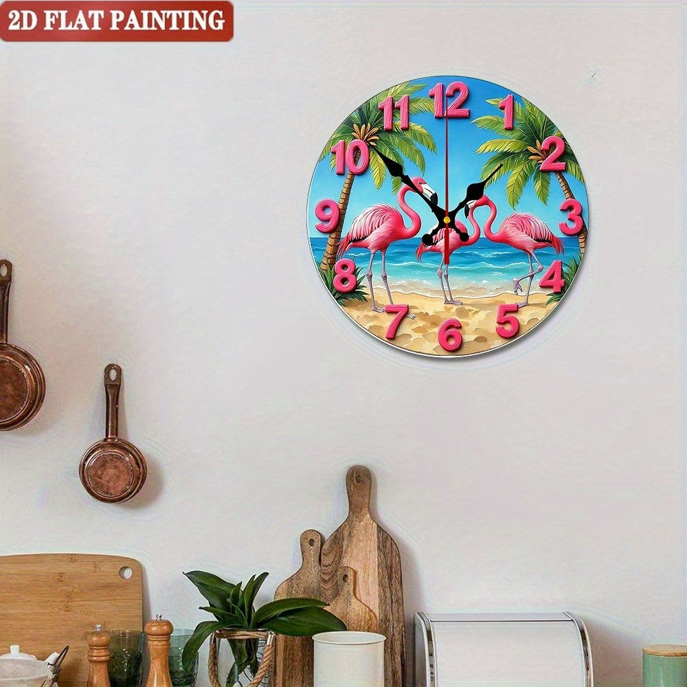 Tropical Flamingo Wall Clock. Round coastal design for living room or bedroom.