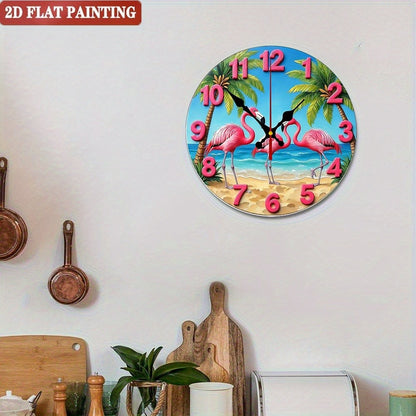 Tropical Flamingo Wall Clock. Round coastal design for living room or bedroom.