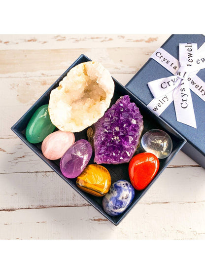 1box Natural Crystal Chakra Set - Amethyst Cluster Agate Cave Selenite Gift Set - Crystal Furniture Decoration Christmas Thanksg