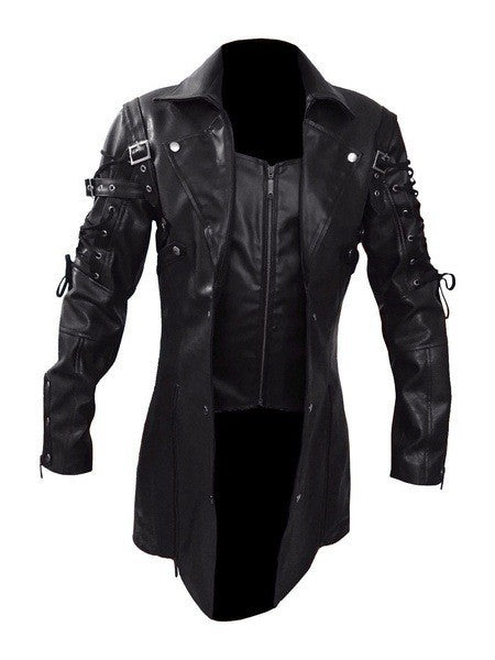 Fashion Black Pu Leather Trench Coat Men Winter Gothic Steampunk Leather Motorcycle Jacket Male Outwear EU Size XXXXXL