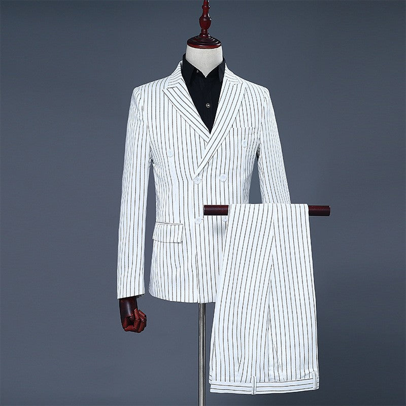 Navy Blue Mens Double-breasted Suit Two-piece Set, White Vertical Striped Jacket Paired with Matching Trousers, Asian Size S-XXL