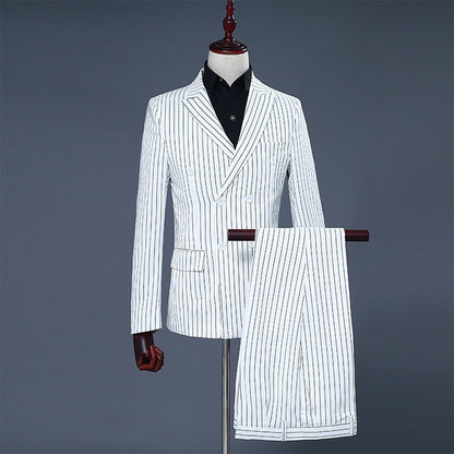 Navy Blue Mens Double-breasted Suit Two-piece Set, White Vertical Striped Jacket Paired with Matching Trousers, Asian Size S-XXL