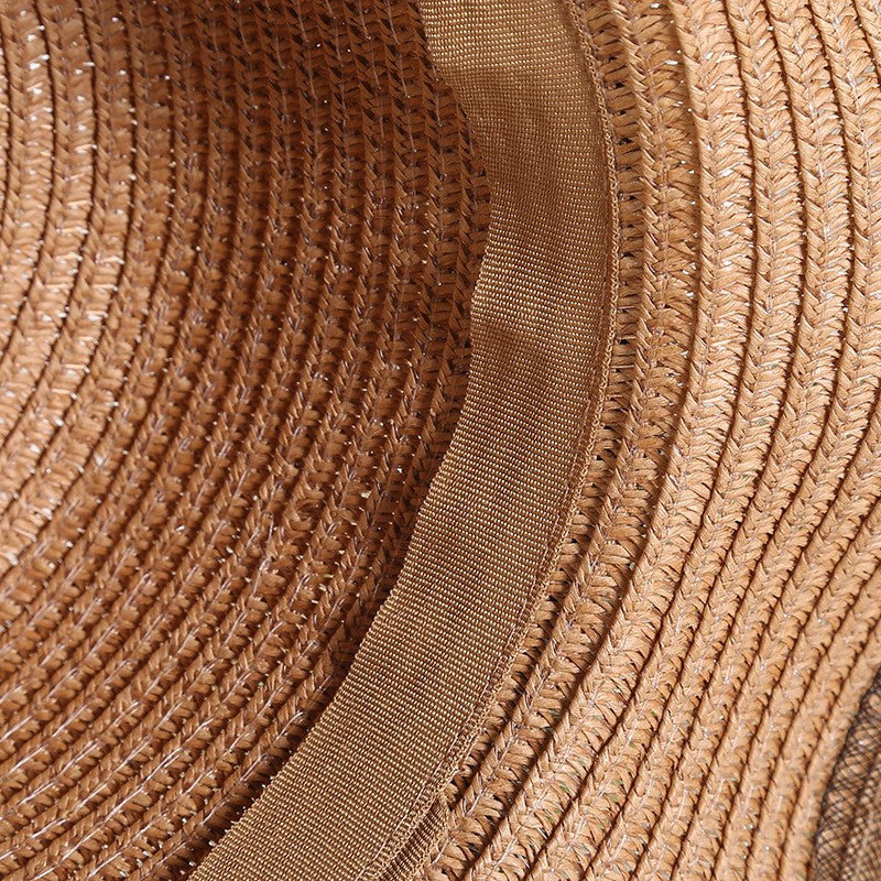 Chapéu de sol feminino dobrável de aba larga com laço, chapéu de palha elegante para proteção solar, moda praia 2021 gorras