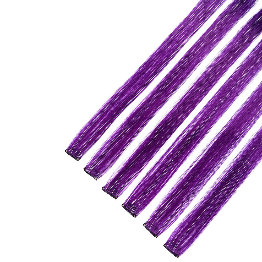 Extensões de Cabelo Sintéticas Rosa Choque com 6 Clipes, Mechas Metálicas, Extensões Coloridas de 55cm, Cabelo Arco-Íris 2 em 1