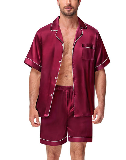 Men's Luxury Satin Pajama Set Short Sleeve Lapel Front Buttons Top And Elastic Shorts Comfortable Fit Loungewear Sleepwear Pjs