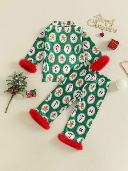 Girls Christmas Satin Pajama Set with Reindeer Print Lapel Long Sleeve Button Down Top and Matching Pants Sleepwear