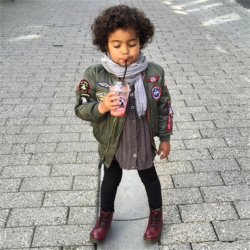 2023 Military Pilot Flight Quilted Winter Kids Toddler Clothes Boys Girls Satin Letterman Varsity Bomber Jacket with Patches