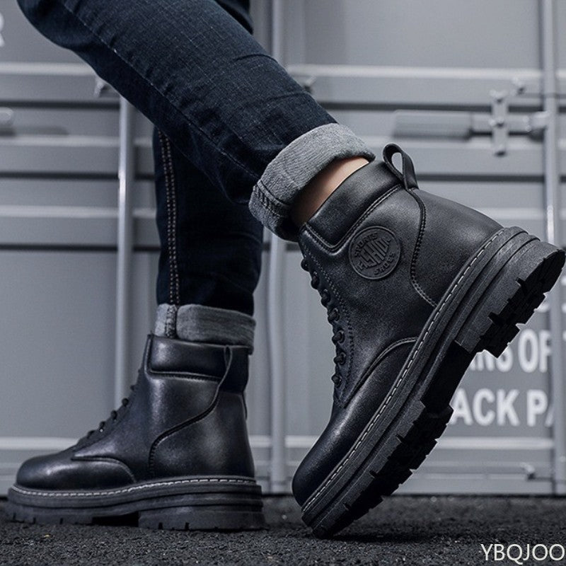 Bota Masculina Cano Alto Aumento de Altura Sola Grossa Primavera Outono Tamanho Grande Tendência Nicho Versátil Antiderrapante Bota Curta