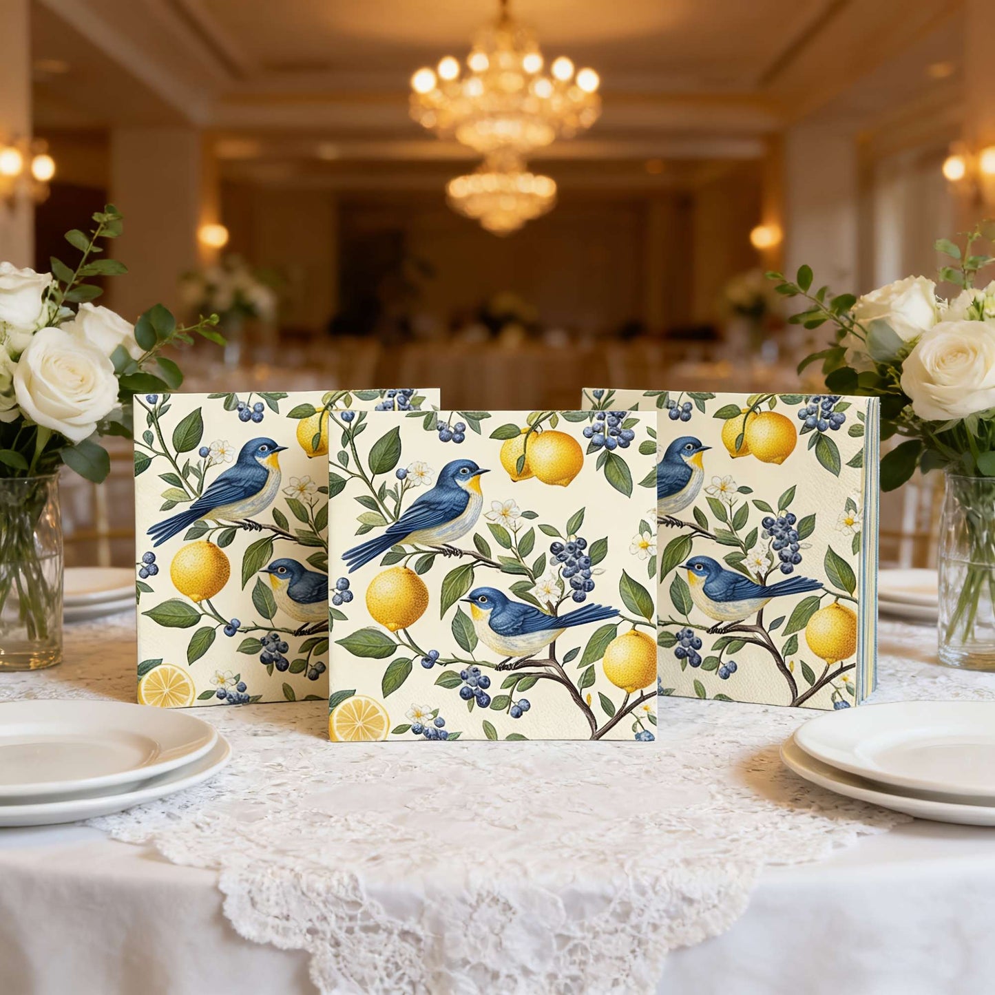 20/40/60pcs Bird Lemon Blueberry Flower Themed Party Napkins, Suitable for Party Tea Parties, Birthdays, and Desktop Decoration