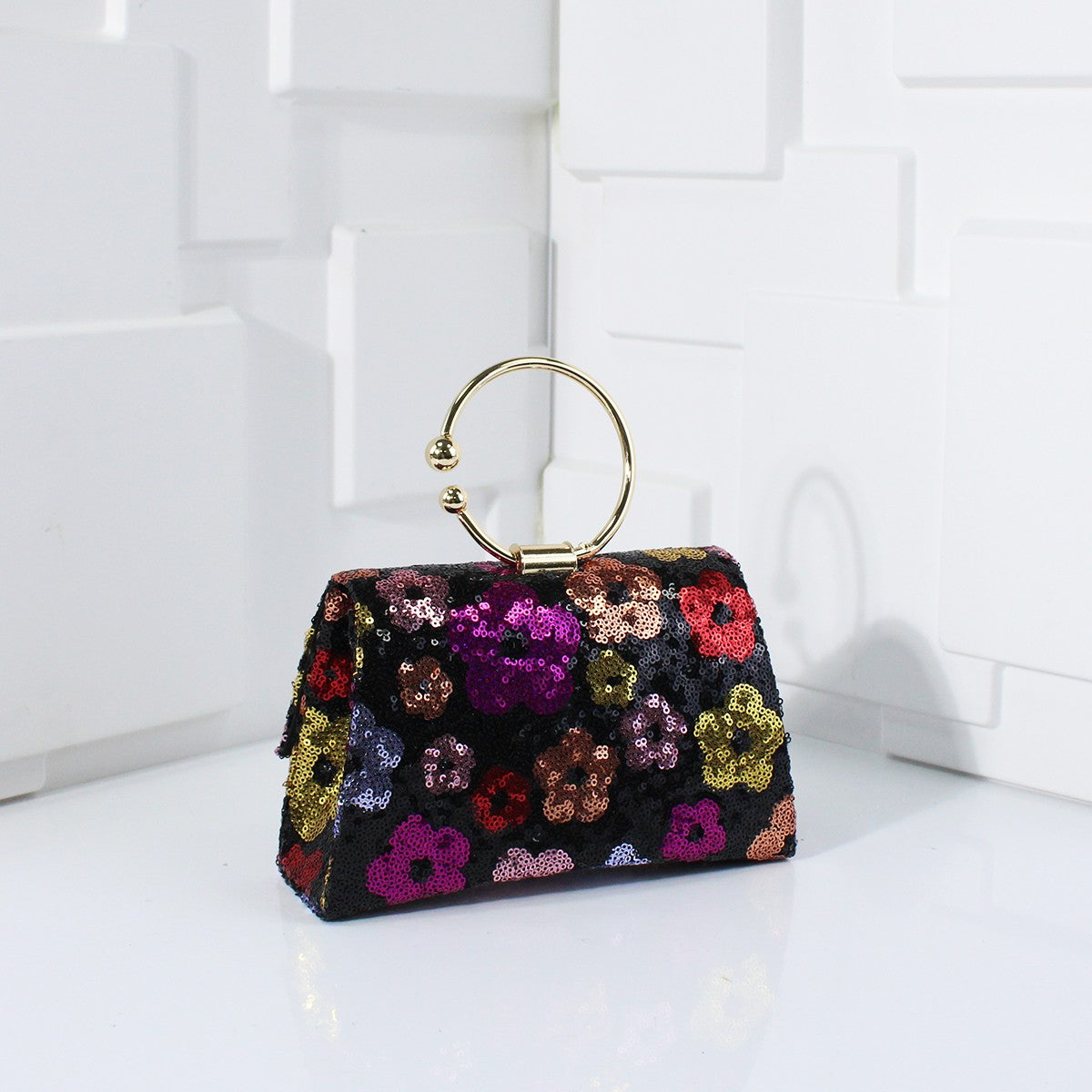 Metal Top Handle Bags for Bridal Women Shiny Sequins Evening Handbag Colorful Flowers Party Clutch Purse Chain Shoulder Bags