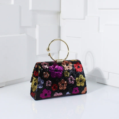 Metal Top Handle Bags for Bridal Women Shiny Sequins Evening Handbag Colorful Flowers Party Clutch Purse Chain Shoulder Bags