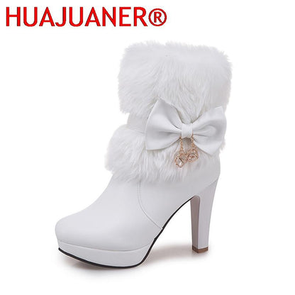 2025 New Fashion Womens Winter High Heel Boots Pink White Black Fur Tassel Bowtie Lovely Lolita Ladies Party Wedding Shoes