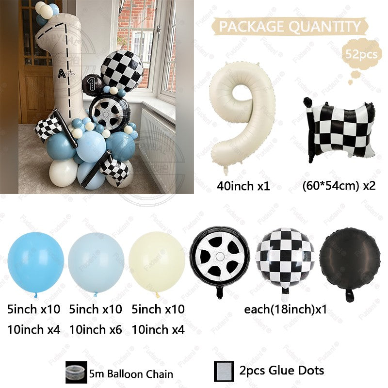 52Pcs Race Car Theme Balloon Set Blue Black Latex Balloons Checkered Flag Birthday Party Baby Shower Decor