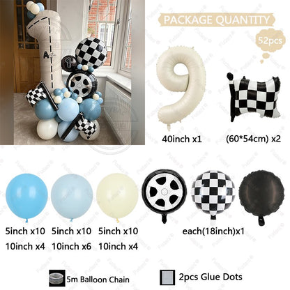 52Pcs Race Car Theme Balloon Set Blue Black Latex Balloons Checkered Flag Birthday Party Baby Shower Decor