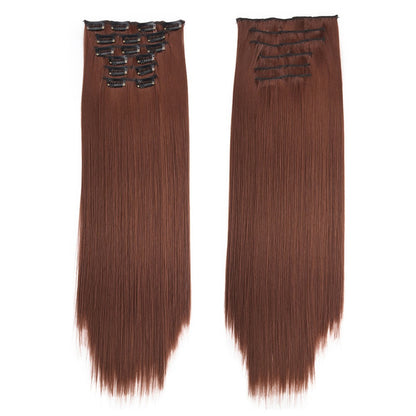 16 Presilhas em Extensões de Cabelo 60cm de Comprimento Liso Sintético Loiro Preto Peças de Cabelo Resistente ao Calor Cabelo Falso 6 Peças/Conjunto
