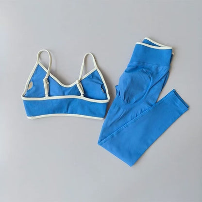 Women's Fitness Suit, Strappy Contrast Color Patchwork Sports Shockproof Slimming Quick-Dry Nude Feel Pants, Yoga Wear