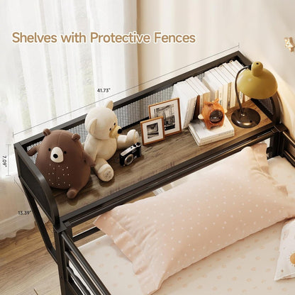 Twin Over Twin Metal Bunk Beds with Power Outlets & Desk, Heavy-Duty Frame with Safety Guardrail & Ladders, U