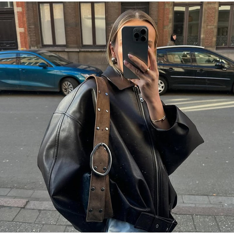 Street Stand Collar Women's Leather Jacket Loose Long Sleeve Zipper Pockets Chic Female Coats 2025 Autumn Winter Lady Outerwear