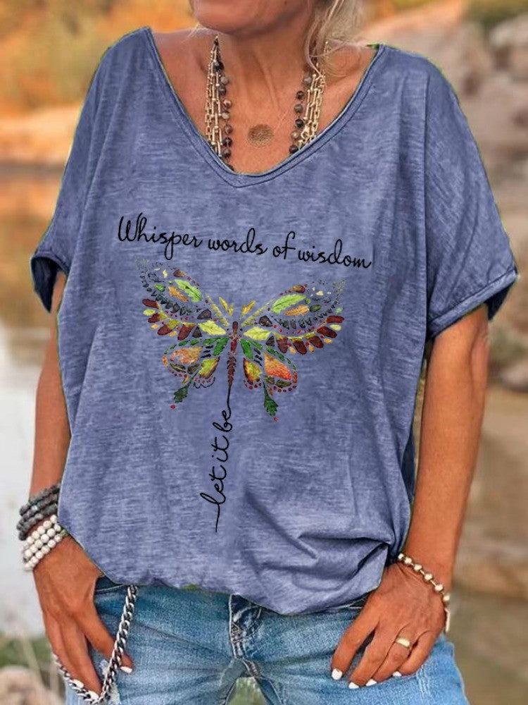 Ilstile Retro Hippie Butterfly T-Shirt Women Whisper Words Of Wisdom Print V-Neck Short Sleeve Loose Casual Summer Top