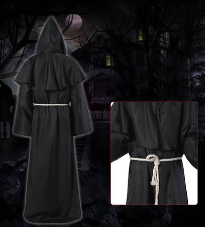Medieval Monk Cosplay Wizard Hooded Robe Steampunk Priest Horror Cloak For Men Unisex Mask Hat Costume Halloween Masquerade Cape