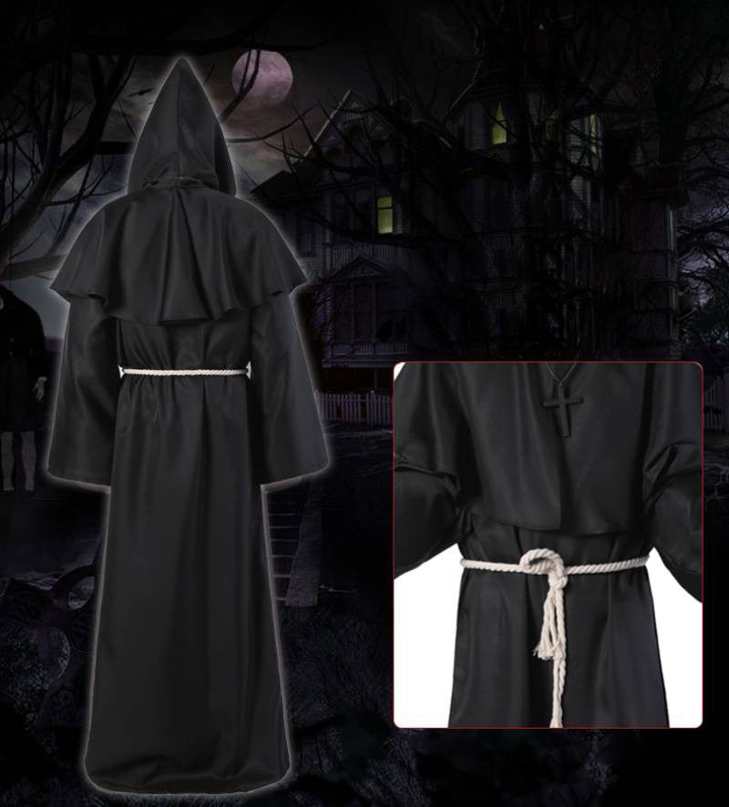 Medieval Monk Cosplay Wizard Hooded Robe Steampunk Priest Horror Cloak For Men Unisex Mask Hat Costume Halloween Masquerade Cape