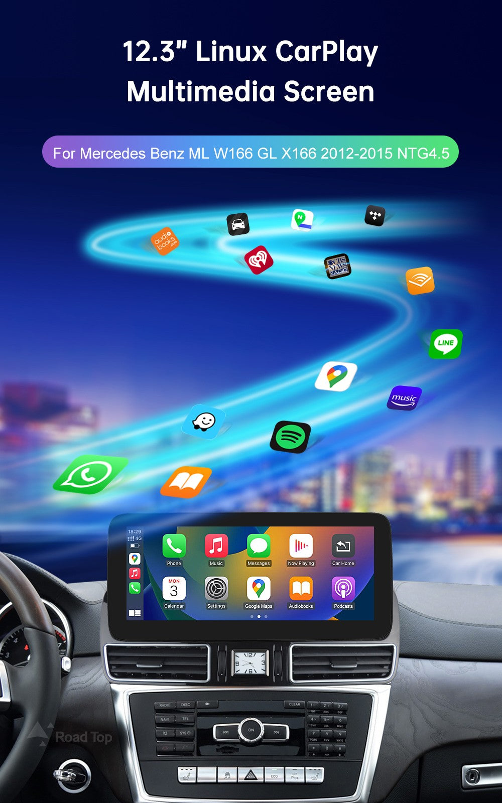 Rádio automotivo com tela touch screen Linux para Mercedes Benz ML W166 ML350 GL X166 2012-2015 GPS com Carplay Android Auto Airplay Mirroring