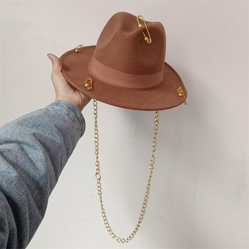 Vários chapéus DIY Chapéu Fedora com novos acessórios de corrente dourada, chapéu de inverno jazz hip-hop, chapéu de viagem, chapéu estilo punk, chapéu de igreja ????? ???????