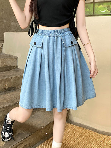 Casual Summer Plus Size Midi Denim Skirts Woman Preppy Loose A-line Ruffles Skirt With Shorts Elastic Waist Jeans Skirts Women