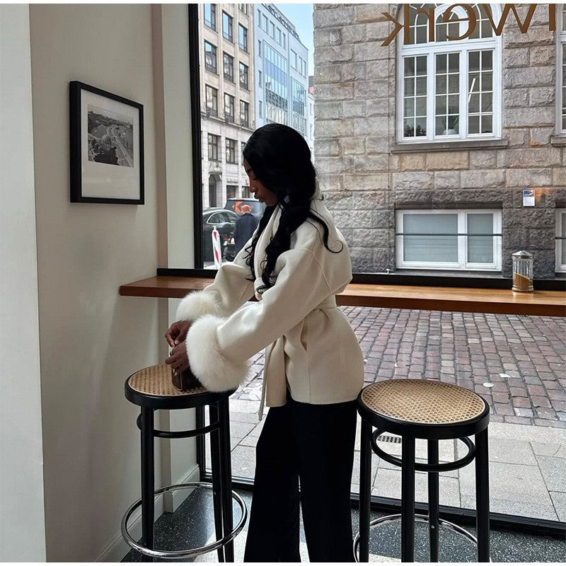 Lace-Up Short Overcoat Women's Coat Office Lady Elegant Woolen Furry Patchwork Long Sleeve Coats 2025 New Loose Cardigan Jackets