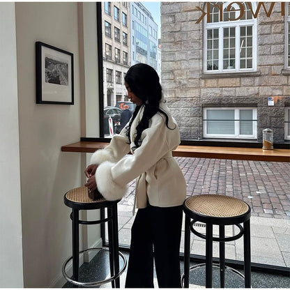 Lace-Up Short Overcoat Women's Coat Office Lady Elegant Woolen Furry Patchwork Long Sleeve Coats 2025 New Loose Cardigan Jackets