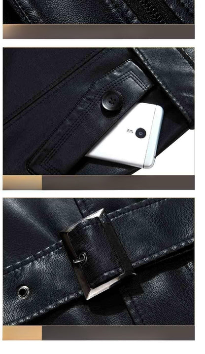 Fashion PU Leather Jacket Mid-length Fleece Thickened Windbreakers Suit Styles Large-sized Coats Overcoats Men's Slimming Trendy